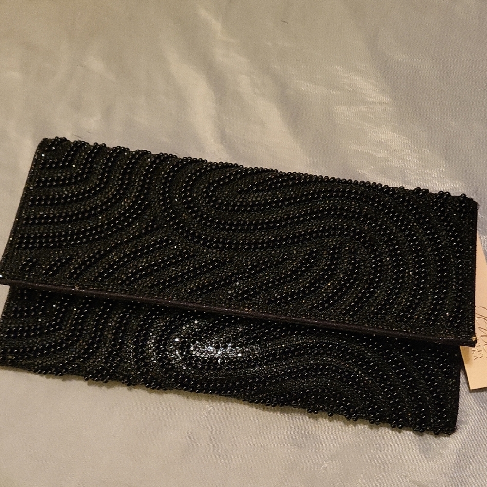 Badgley Mischka Jewel Elegant Black Waved Beaded Clutch Bnwt W Chain Strap Ty TL